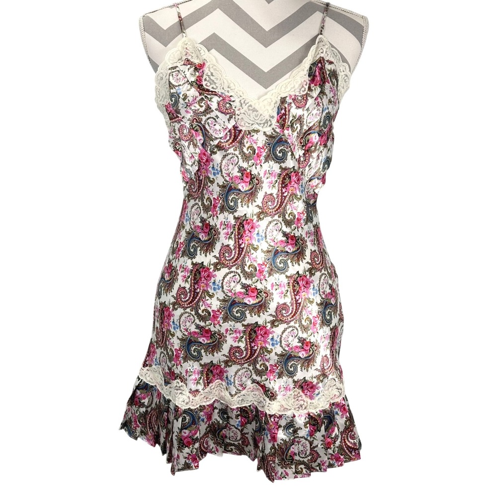 Vintage Victorias Secret Gold Label Paisley Lace Trim Chemise Slip Dress P